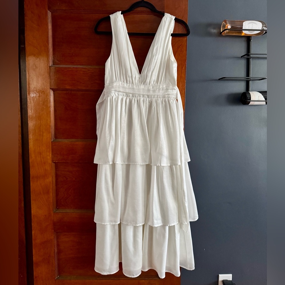 Lulu's White Silk Tiered Ruffled Maxi Dress